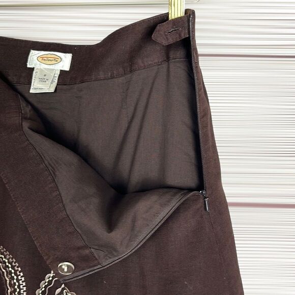 TALBOTS Vintage A-Line Chocolate Brown Linen Embroidered Knee Length Skirt US 8 - Picture 7 of 11